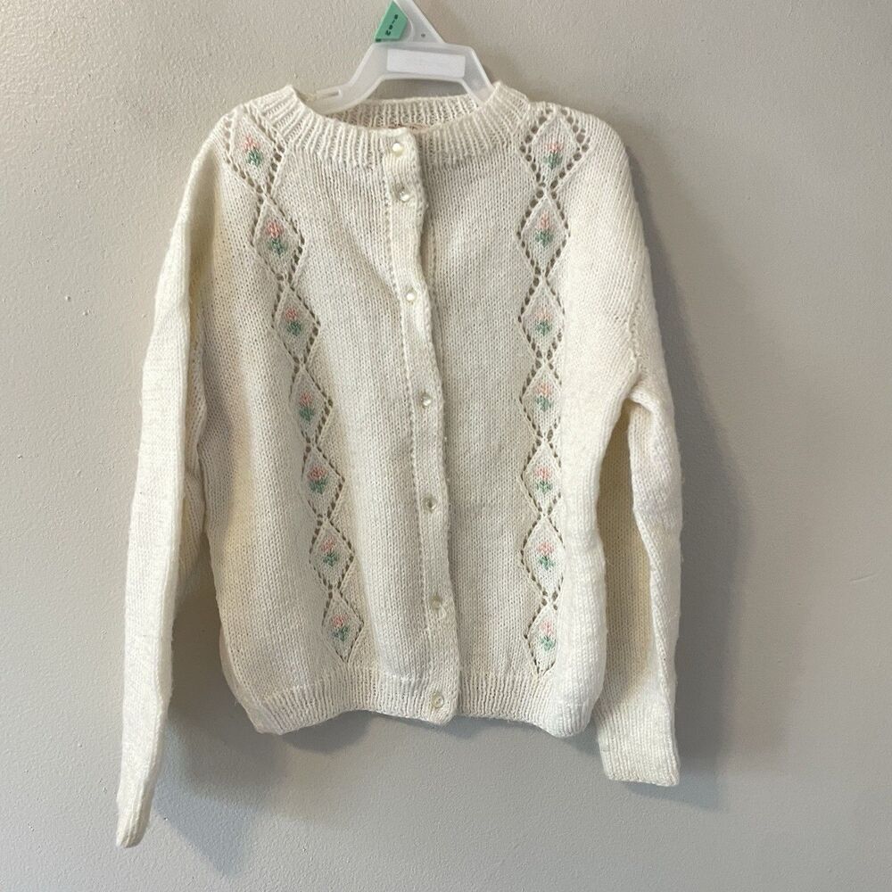 Vintage Girls Knit Cardigan Floral Handknit No Size Little Girls